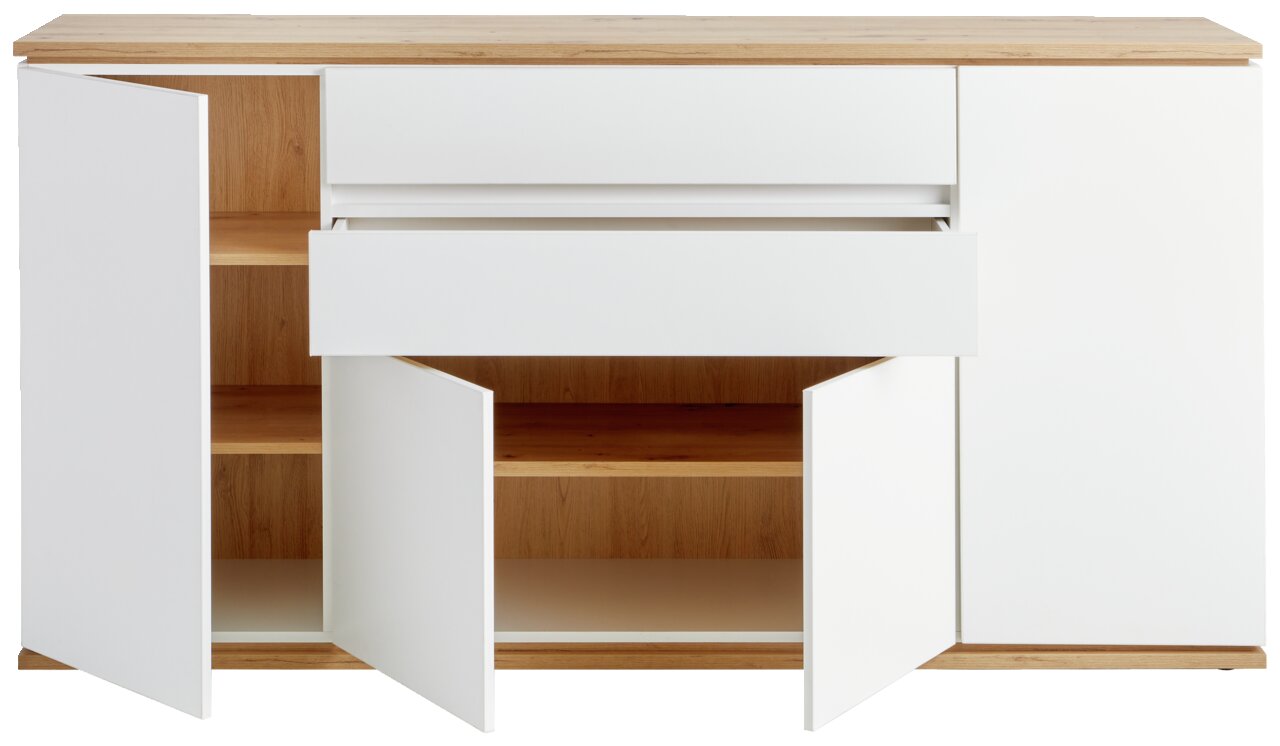 Vooraanzicht van een XORA-dressoir YAMAEL met open lades en deuren, witte fronten en een houtlook.