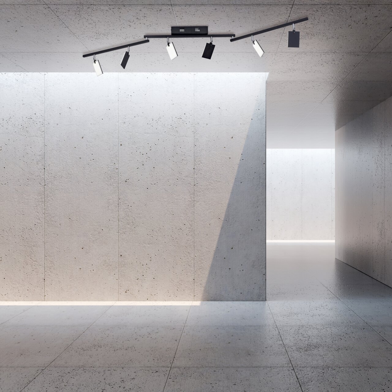 Moderne Deckenleuchte PURE-MIRA in einem minimalistischen Raum, seitliche Perspektive