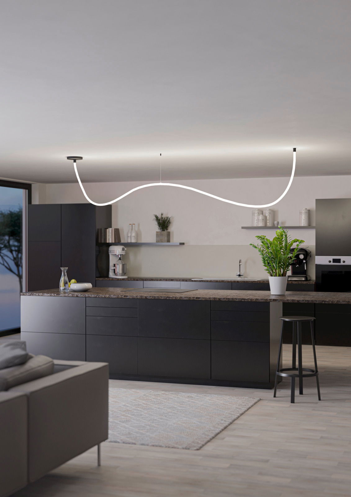 Moderne Küche mit geschwungenem LED-Lichtschlauch an der Decke, seitliche Perspektive