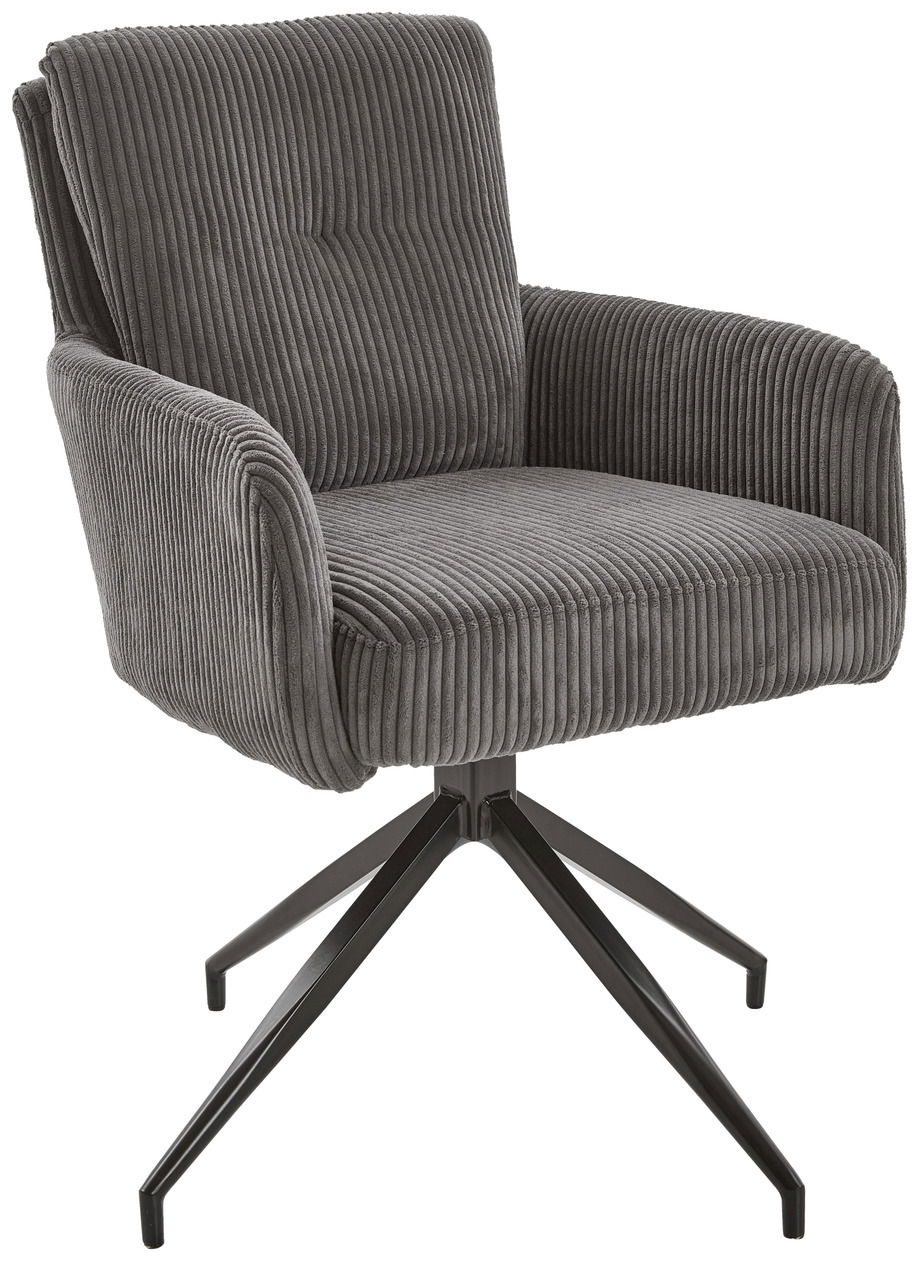 Grauer Armlehnstuhl mit geripptem Stoffbezug und schwarzem Metallgestell, seitliche Perspektive