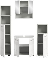 Badezimmermöbel-Set bestehend aus einem Spiegelschrank, zwei Hochschränken und einem Waschbeckenunterschrank, frontal abgebildet.
