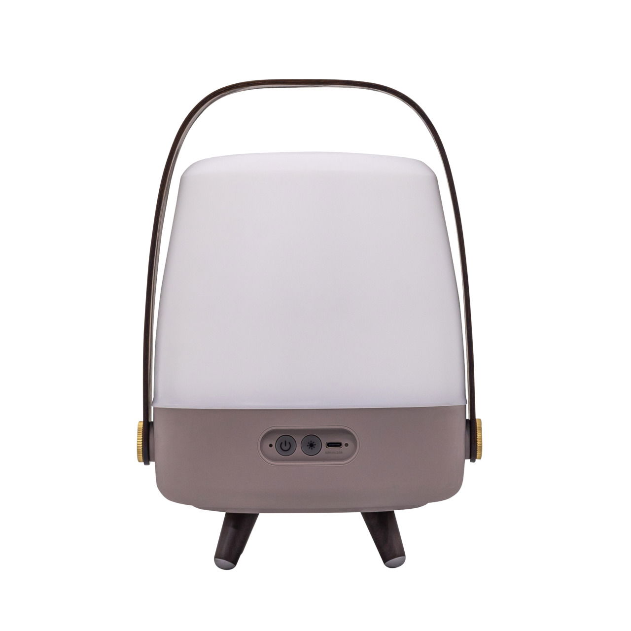 Tragbare Lampe mit Griff, Vorderansicht mit Bedienelementen und USB-Anschluss