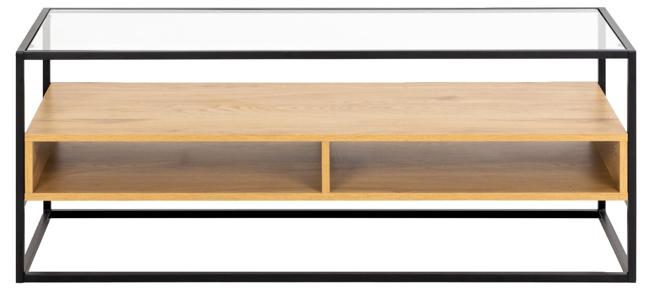 TV-Lowboard mit Glasplatte und Holzfächern, frontale Ansicht