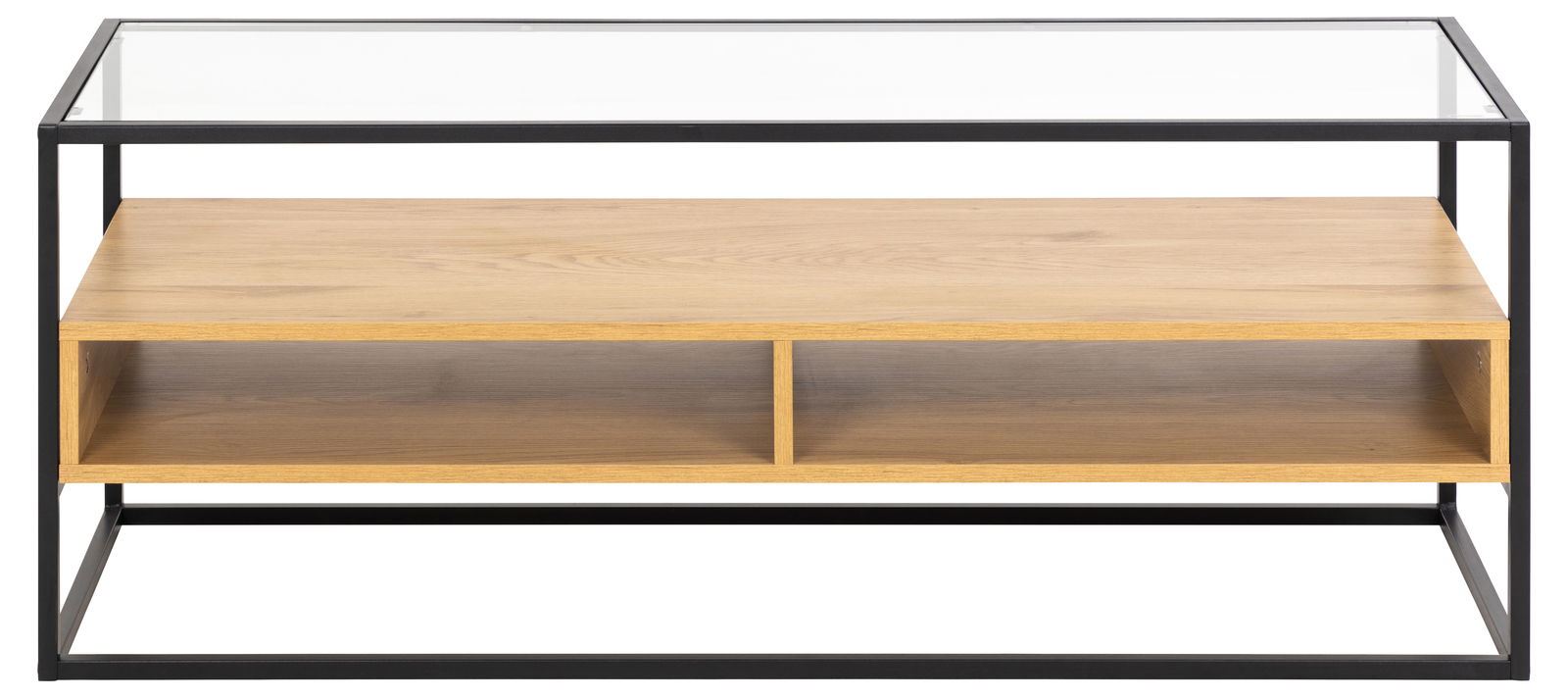 TV-Lowboard mit Glasplatte und Holzfächern, frontale Ansicht