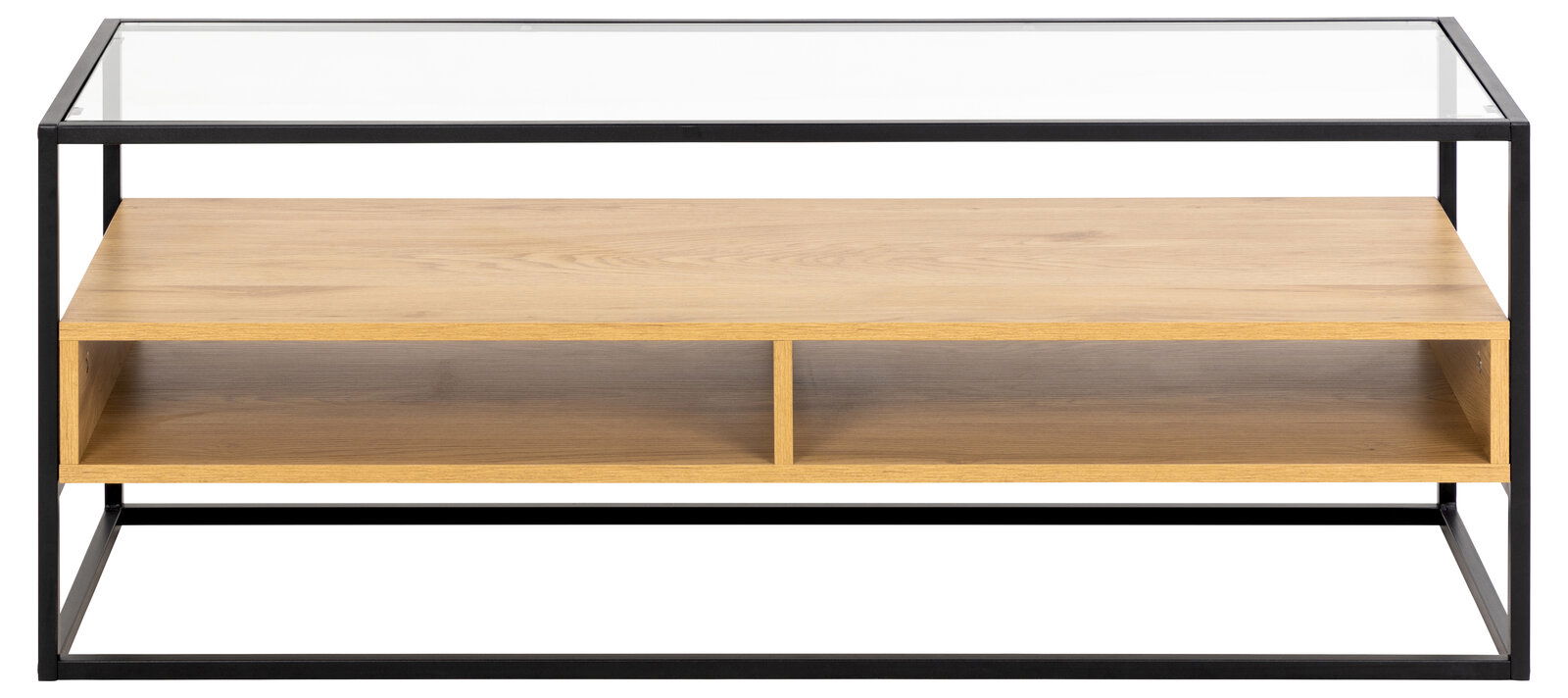 TV-Lowboard mit Glasplatte und Holzfächern, frontale Ansicht