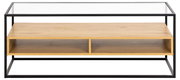 TV-Lowboard mit Glasplatte und Holzfächern, frontale Ansicht