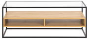 TV-Lowboard mit Glasplatte und Holzfächern, frontale Ansicht