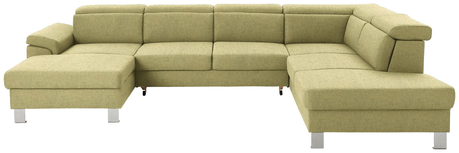 Grünes Ecksofa in U-Form mit Blick von vorne, moderne Metallfüße, gepolsterte Rückenlehnen und Armlehnen.
