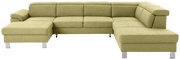 Grünes Ecksofa in U-Form mit Blick von vorne, moderne Metallfüße, gepolsterte Rückenlehnen und Armlehnen.