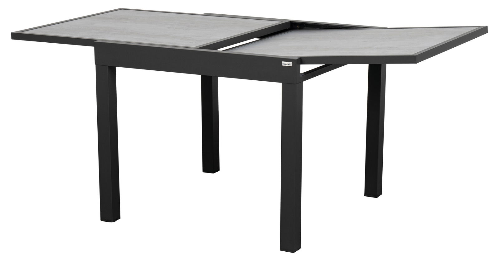 Moderner, ausziehbarer Gartentisch aus Metall mit grauer Tischplatte, seitliche Perspektive