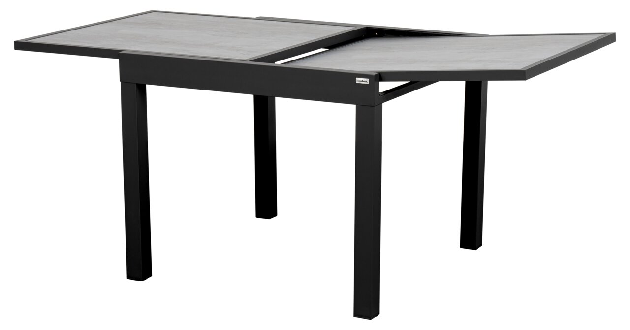 Moderner, ausziehbarer Gartentisch aus Metall mit grauer Tischplatte, seitliche Perspektive
