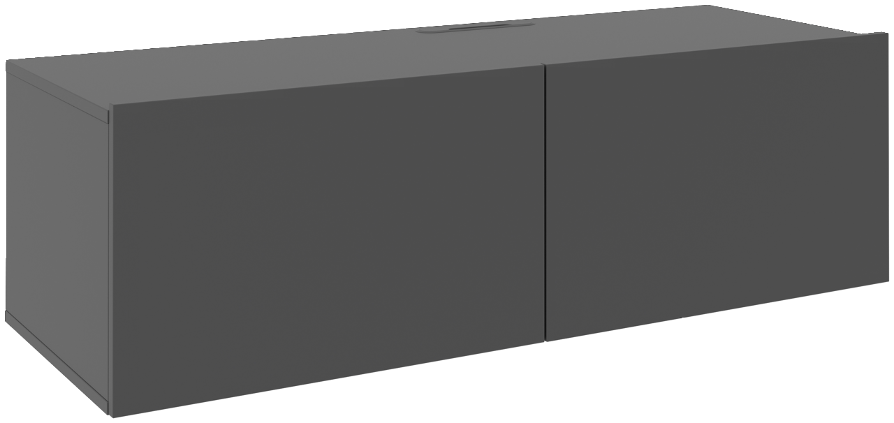 Graues TV-Hängelowboard mit zwei Türen, seitliche Perspektive