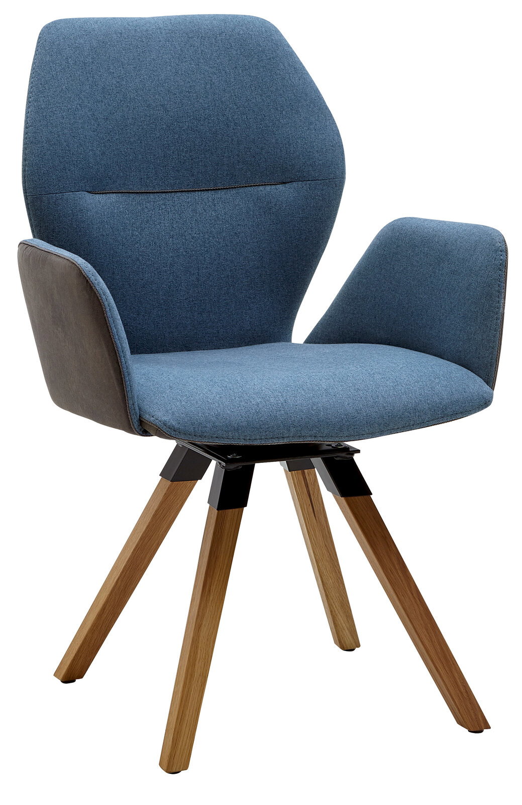 Moderner Armlehnenstuhl mit blauer Polsterung und Holzbeinen, seitliche Perspektive