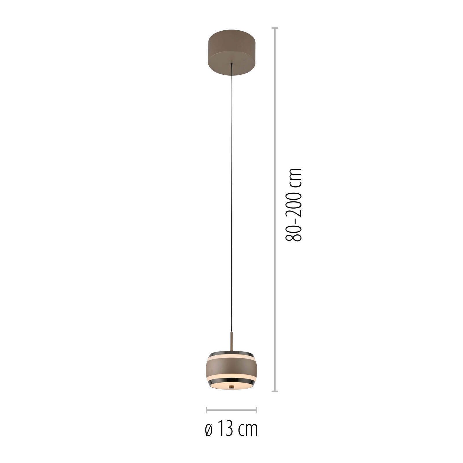 LED-Pendelleuchte in seitlicher Perspektive, höhenverstellbar von 80 bis 200 cm, mit einem Durchmesser von 13 cm.