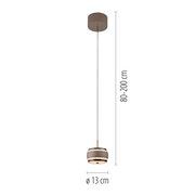 LED-Pendelleuchte in seitlicher Perspektive, höhenverstellbar von 80 bis 200 cm, mit einem Durchmesser von 13 cm.