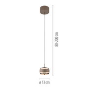 LED-hanglamp in zijaanzicht, in hoogte verstelbaar van 80 tot 200 cm, met een diameter van 13 cm.