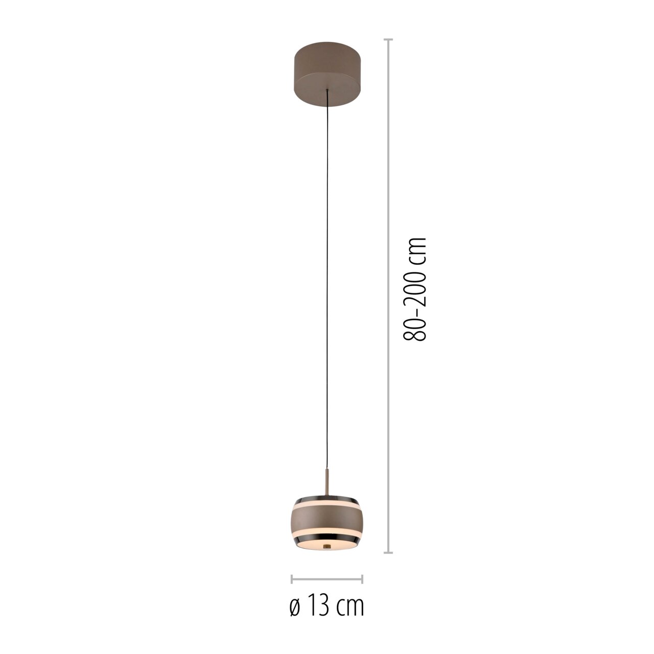LED-hanglamp in zijaanzicht, in hoogte verstelbaar van 80 tot 200 cm, met een diameter van 13 cm.