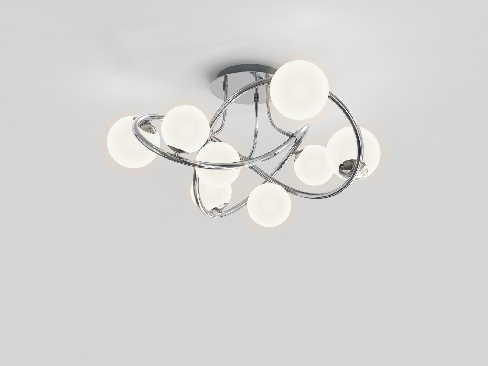 Moderne Deckenleuchte Nancy mit mehreren leuchtenden Kugeln und geschwungenen Chromarmen, Ansicht von unten.