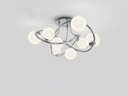 Moderne Deckenleuchte Nancy mit mehreren leuchtenden Kugeln und geschwungenen Chromarmen, Ansicht von unten.