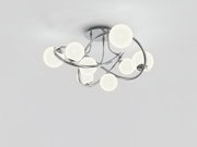 Moderne Deckenleuchte Nancy mit mehreren leuchtenden Kugeln und geschwungenen Chromarmen, Ansicht von unten.