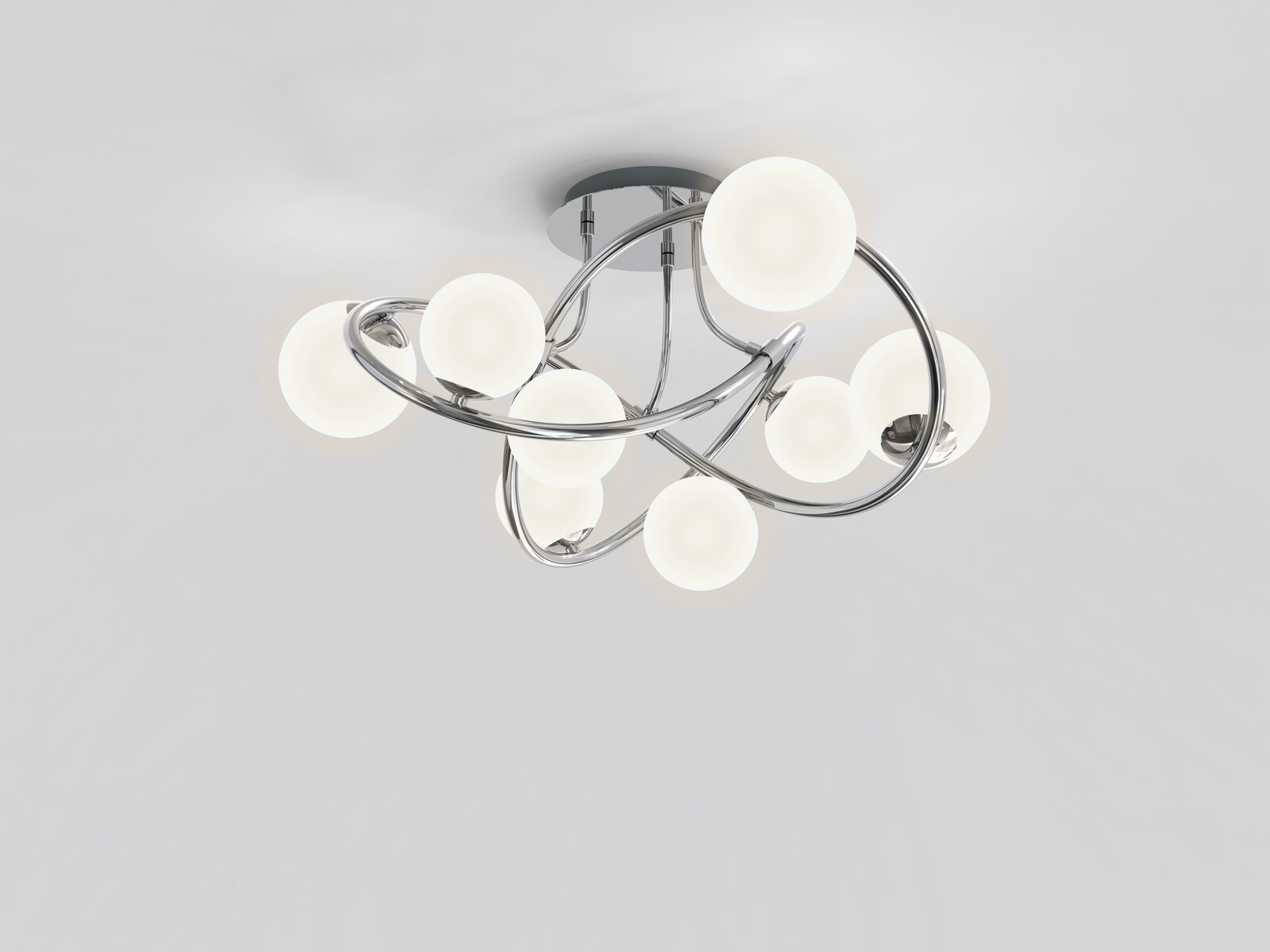 Moderne Deckenleuchte Nancy mit mehreren leuchtenden Kugeln und geschwungenen Chromarmen, Ansicht von unten.