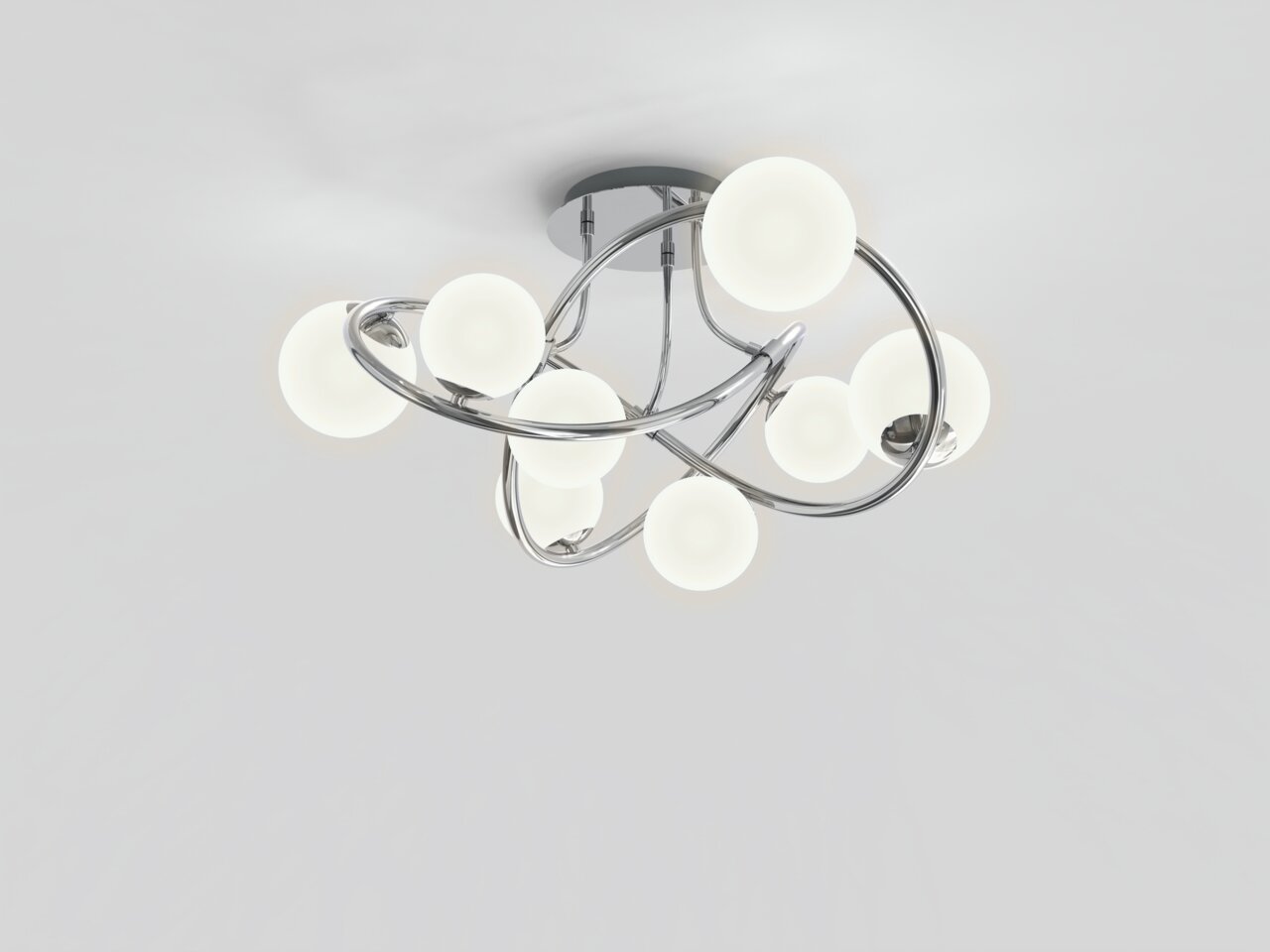 Moderne plafondlamp Nancy met meerdere lichtgevende bollen en gebogen chromen armen, gezien van onderaf.
