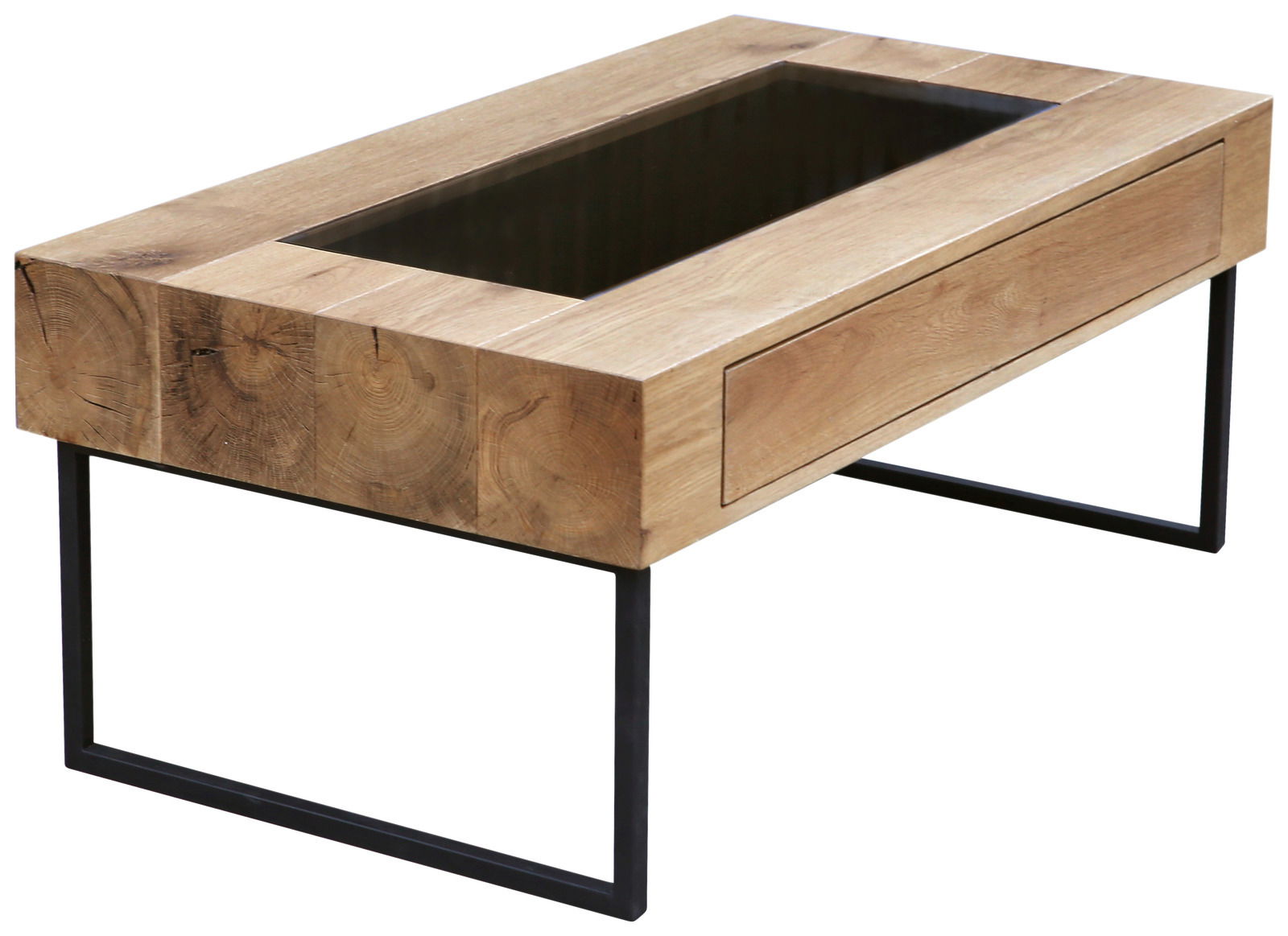 Novel Couchtisch AALBORG Moderner Couchtisch aus Holz mit Glasplatte und Metallbeinen, seitliche Perspektive