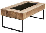 Moderner Couchtisch aus Holz mit Glasplatte und Metallbeinen, seitliche Perspektive