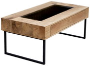 Moderner Couchtisch aus Holz mit Glasplatte und Metallbeinen, seitliche Perspektive