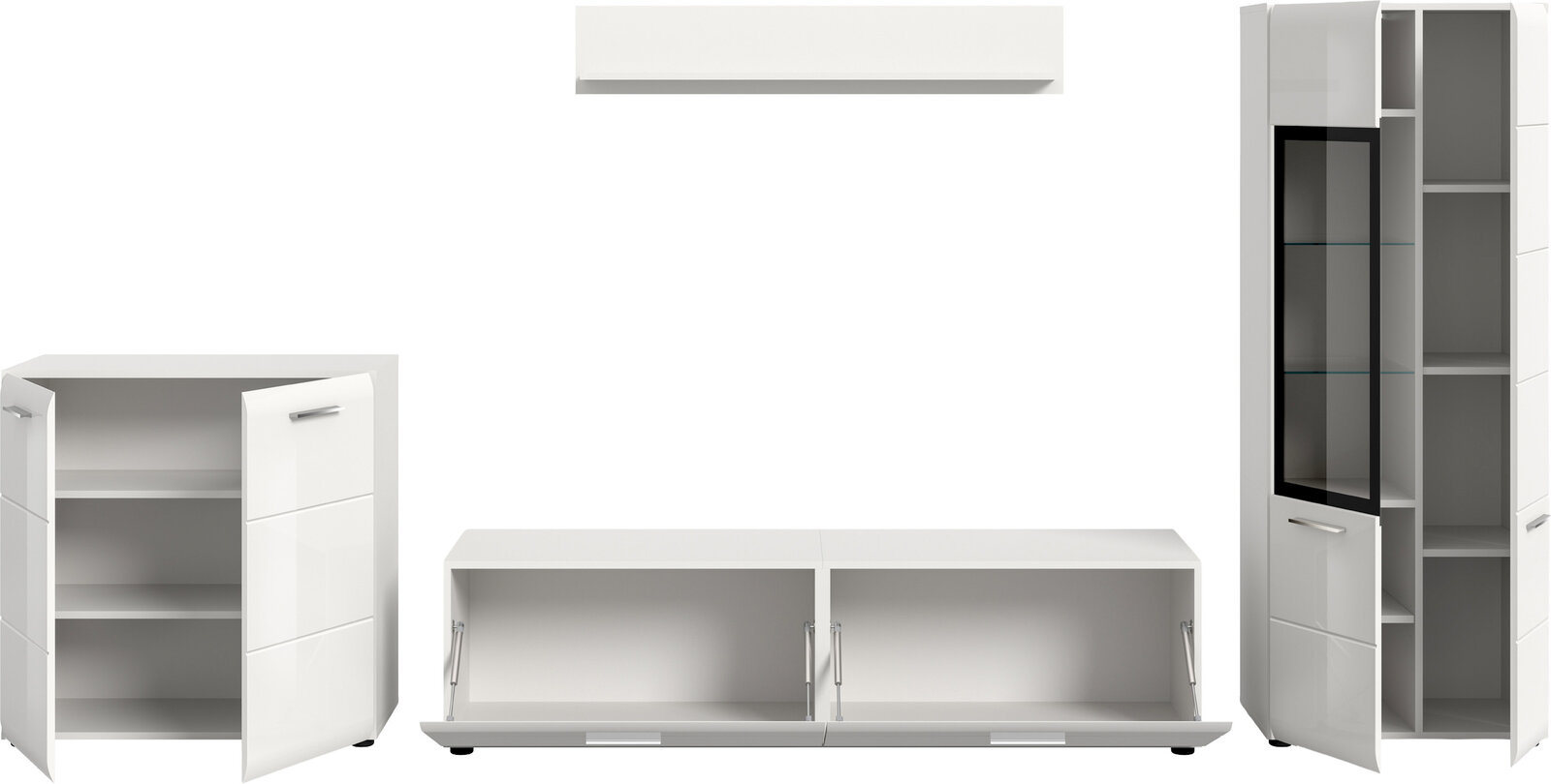 Weißes, modernes Möbel-Set mit Schrank, Lowboard und Vitrine mit Glastür, Türen geöffnet und Innenfächer sichtbar, Frontansicht leicht schräg von vorn.