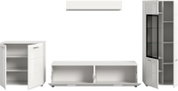 Weißes, modernes Möbel-Set mit Schrank, Lowboard und Vitrine mit Glastür, Türen geöffnet und Innenfächer sichtbar, Frontansicht leicht schräg von vorn.