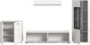 Weißes, modernes Möbel-Set mit Schrank, Lowboard und Vitrine mit Glastür, Türen geöffnet und Innenfächer sichtbar, Frontansicht leicht schräg von vorn.
