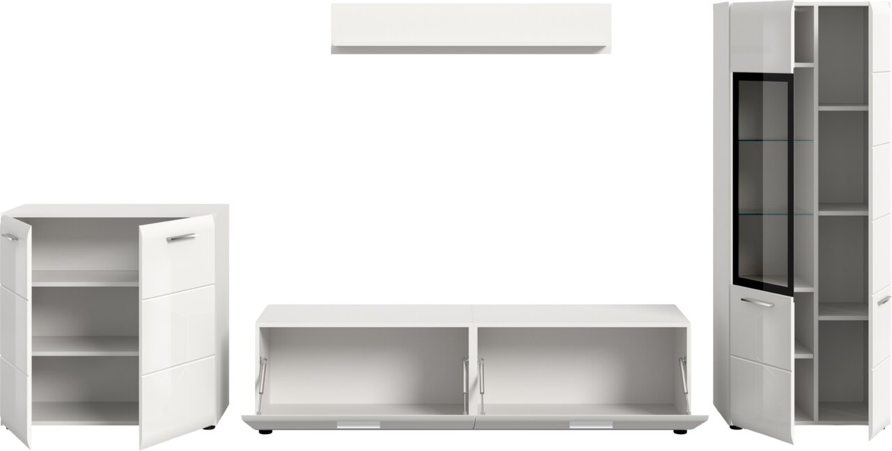 Weißes, modernes Möbel-Set mit Schrank, Lowboard und Vitrine mit Glastür, Türen geöffnet und Innenfächer sichtbar, Frontansicht leicht schräg von vorn.
