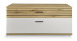 Frontansicht eines modernen TV-Lowboards mit Holzoptik und weißer Schublade.