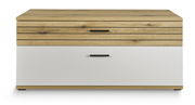 Frontansicht eines modernen TV-Lowboards mit Holzoptik und weißer Schublade.
