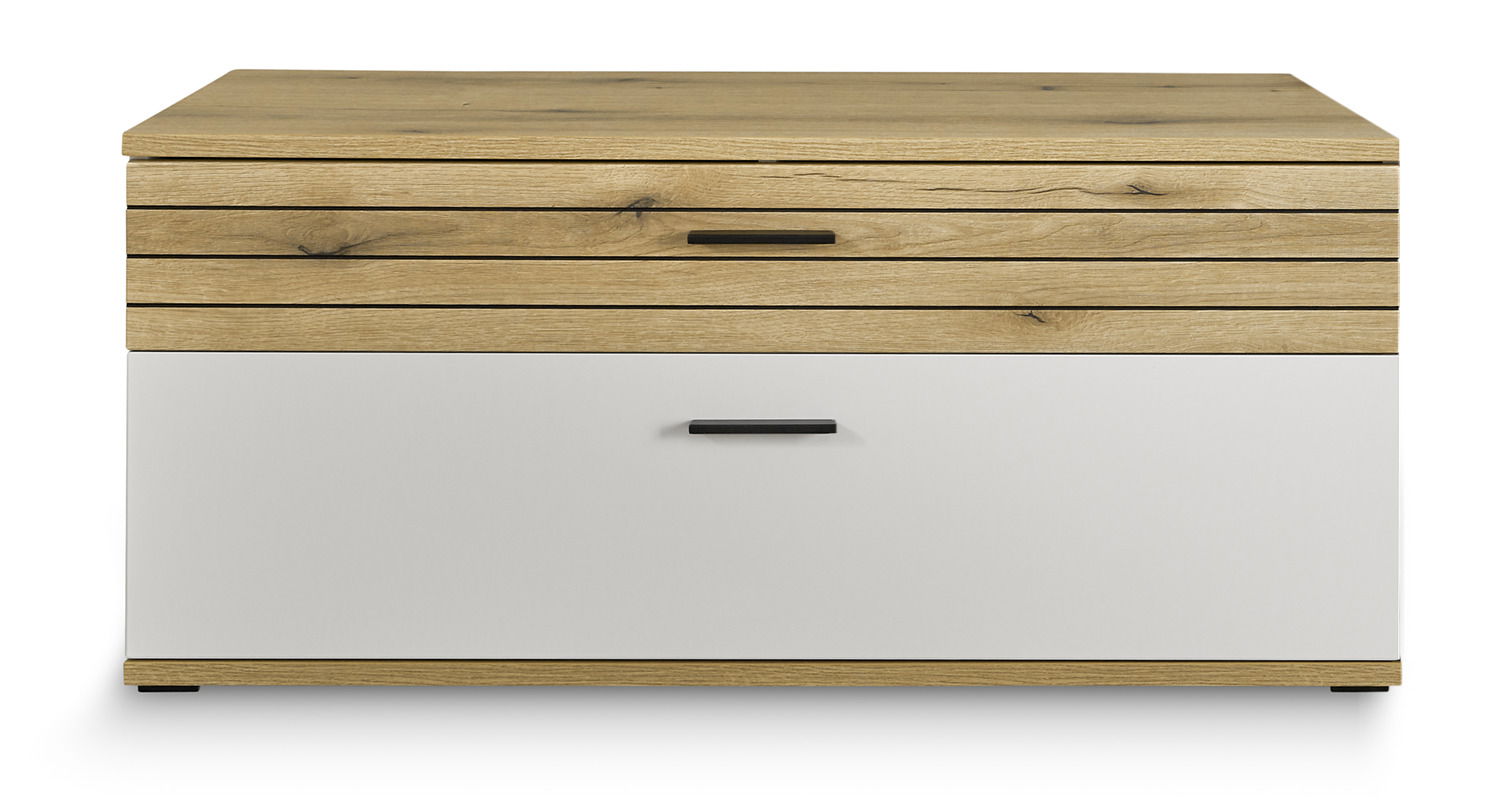 Frontansicht eines modernen TV-Lowboards mit Holzoptik und weißer Schublade.