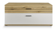 Frontansicht eines modernen TV-Lowboards mit Holzoptik und weißer Schublade.