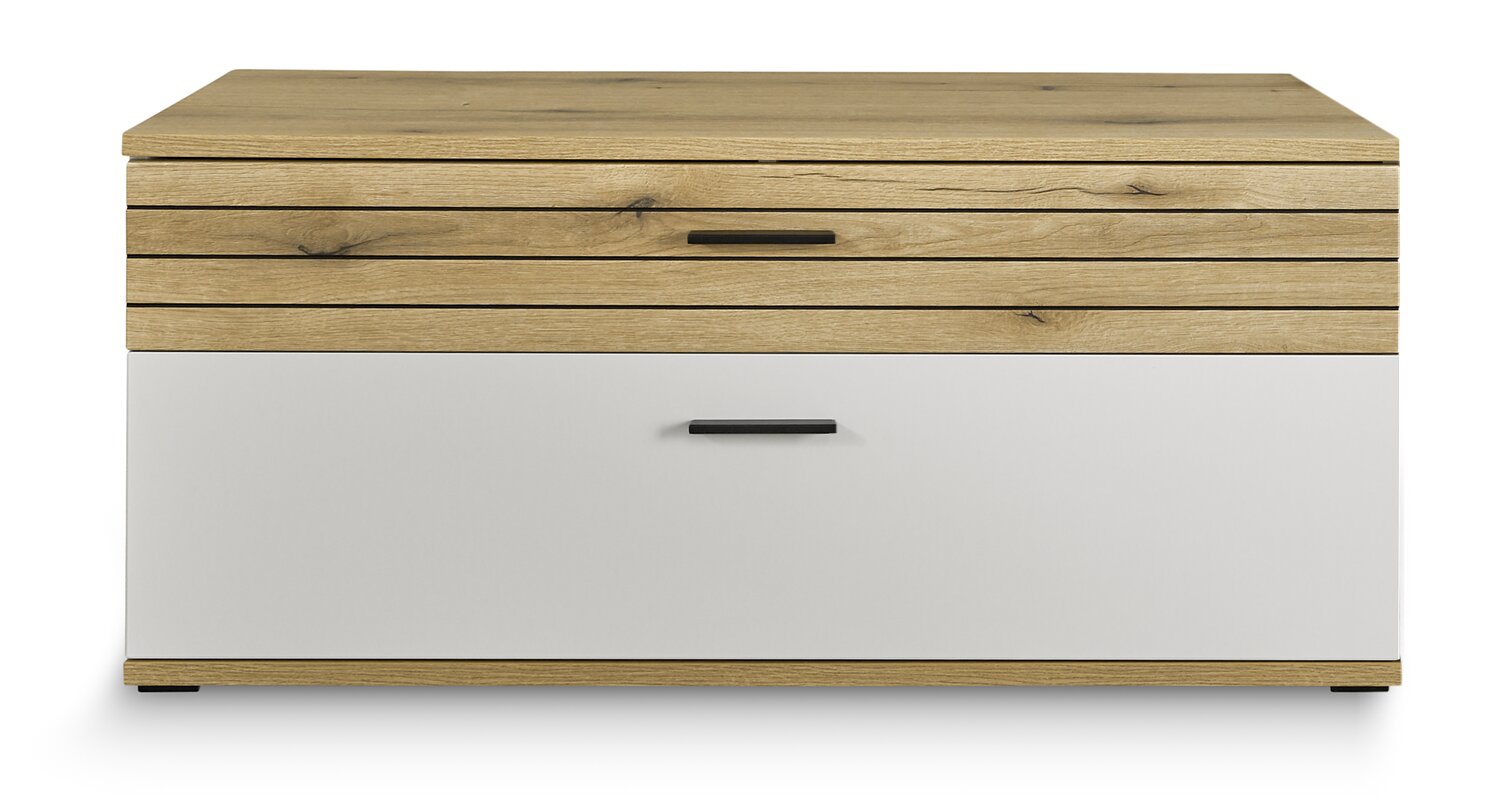 Frontansicht eines modernen TV-Lowboards mit Holzoptik und weißer Schublade.