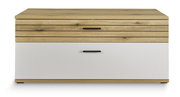 Frontansicht eines modernen TV-Lowboards mit Holzoptik und weißer Schublade.