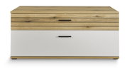 Frontansicht eines modernen TV-Lowboards mit Holzoptik und weißer Schublade.