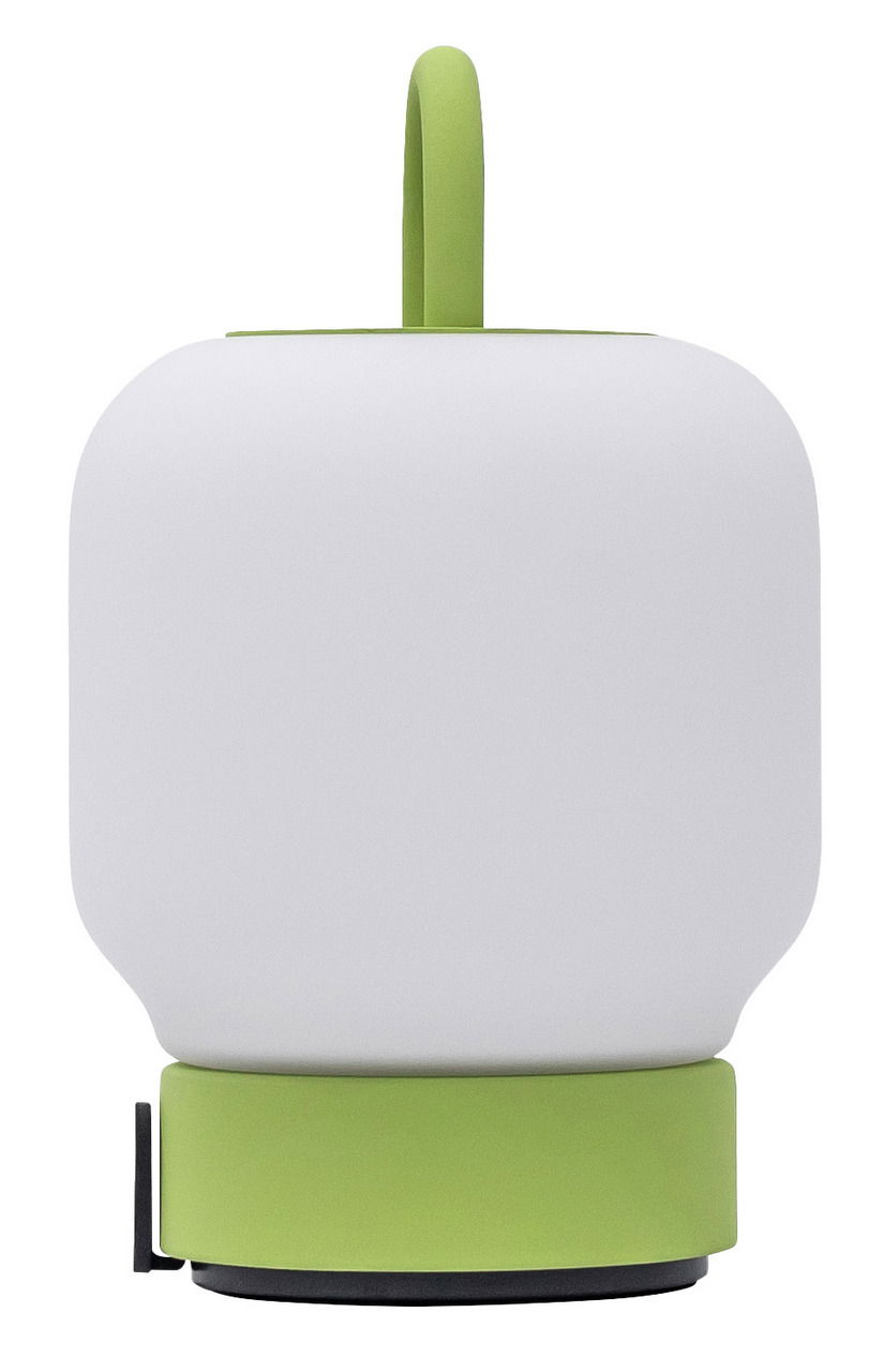 Moderne tragbare Lampe mit grünem Griff und Sockel, Frontalansicht