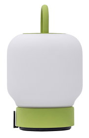 Moderne tragbare Lampe mit grünem Griff und Sockel, Frontalansicht