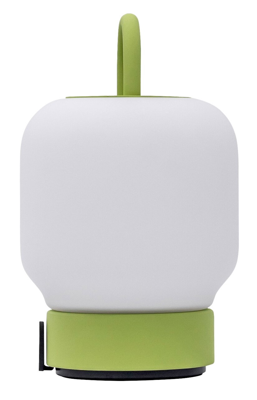 Moderne tragbare Lampe mit grünem Griff und Sockel, Frontalansicht