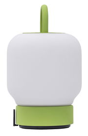 Moderne tragbare Lampe mit grünem Griff und Sockel, Frontalansicht