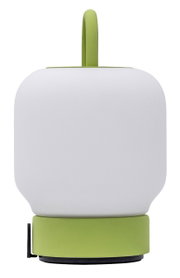 Moderne draagbare lamp met groene handgreep en voet, vooraanzicht