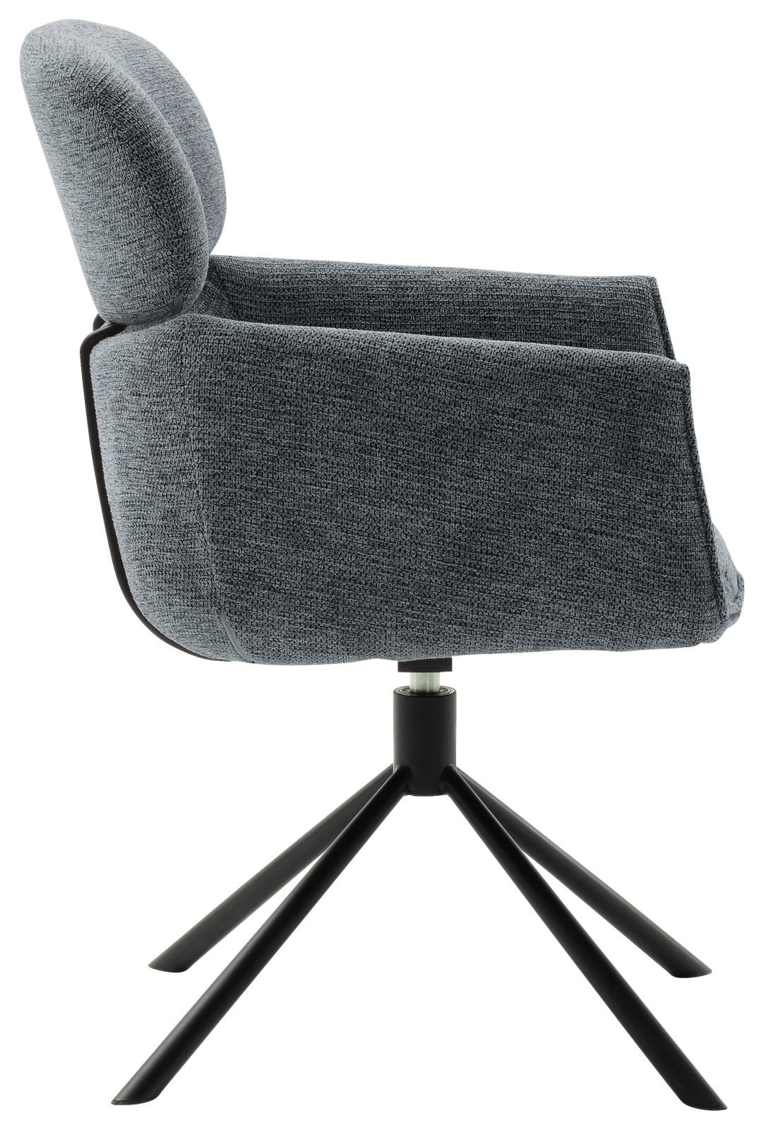 Grauer Sessel Novel UVITA mit Stoffbezug, seitliche Perspektive, schwarzes Metallgestell mit vier Beinen.