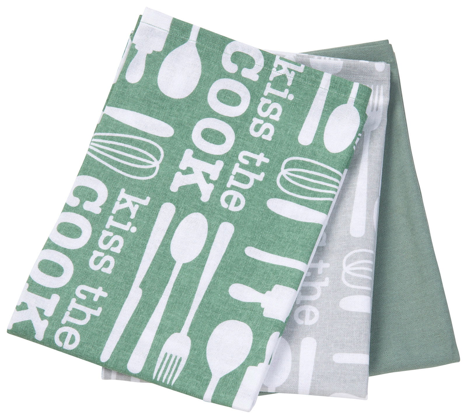 Dreiteiliges Geschirrtuch-Set 'Kiss The Cook' in Grün und Grau mit Küchenutensilien-Motiven, aus der Vogelperspektive.