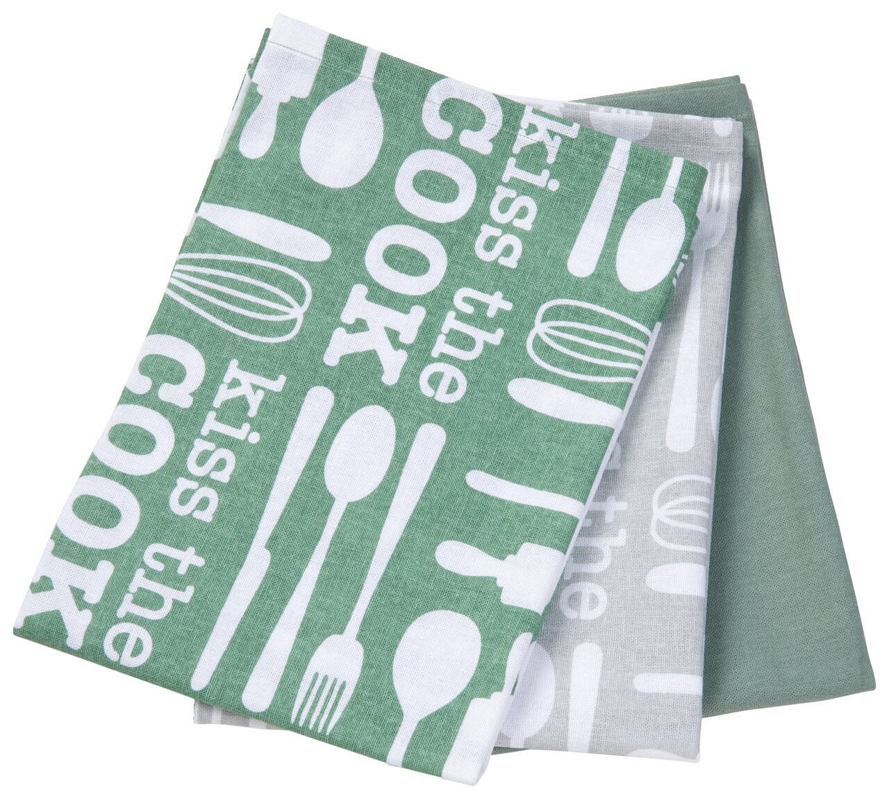 Dreiteiliges Geschirrtuch-Set 'Kiss The Cook' in Grün und Grau mit Küchenutensilien-Motiven, aus der Vogelperspektive.