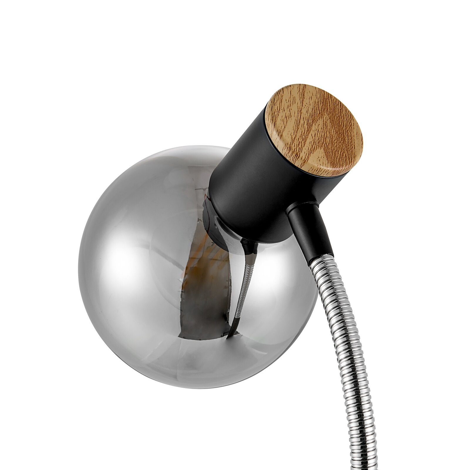 Detailaufnahme einer modernen Wandleuchte/Leselampe mit rauchgrauer Glaskugel, schwarzem Metallkopf mit Holzabschluss und flexiblem silbernen Schwanenhals, schräg von oben im Seitenwinkel fotografiert