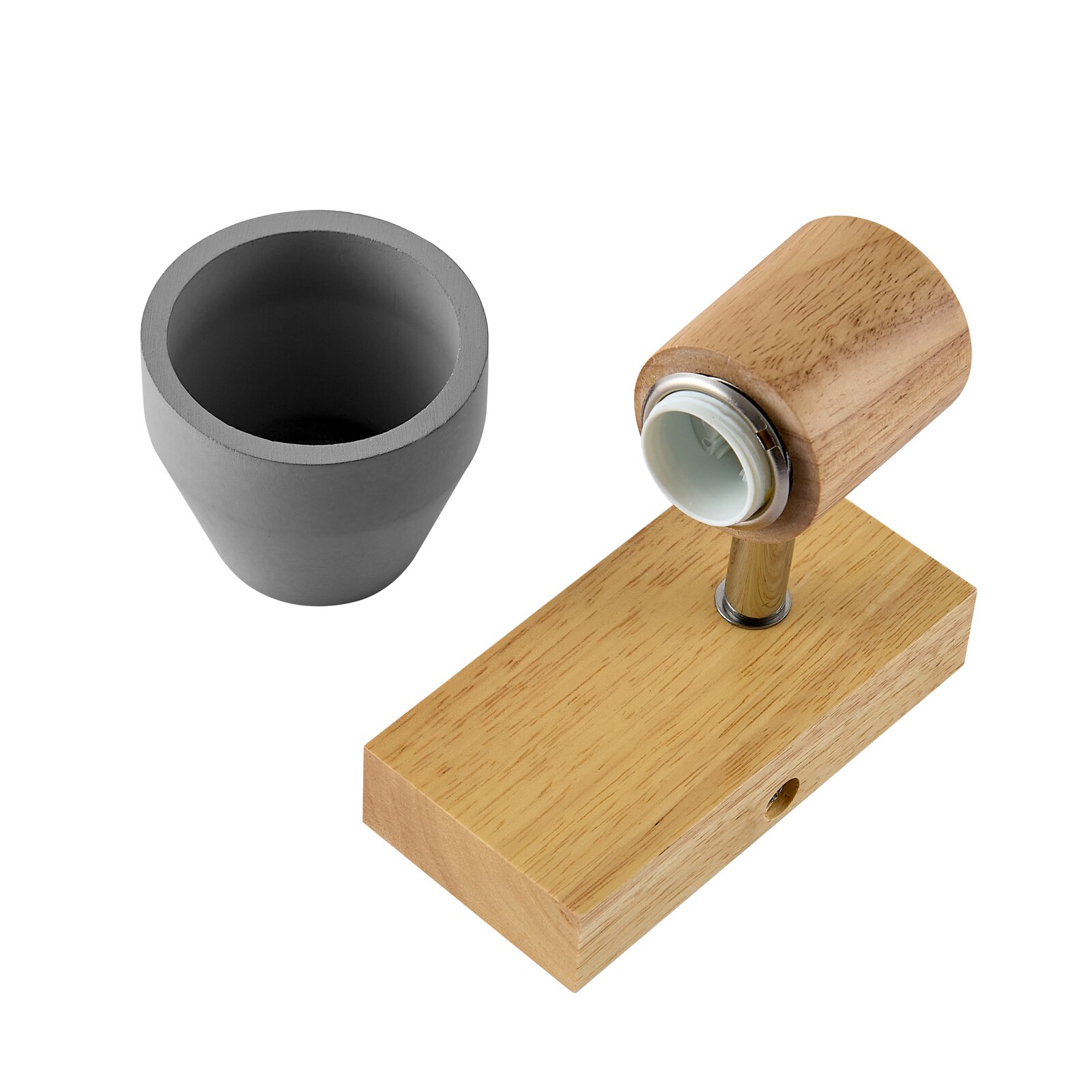 Holzstrahler mit zylindrischem Sockel und abnehmbarem grauen Schirm, Perspektive von oben.
